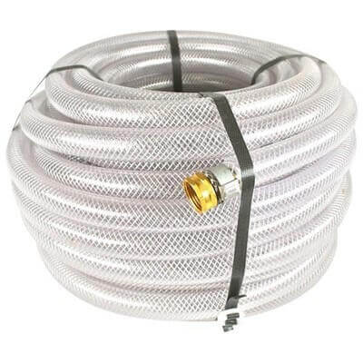 Clear braided 3/4 inch hose coiled on white background